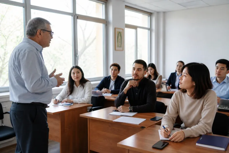 Преподаватель ведёт занятие перед группой взрослых студентов в аудитории